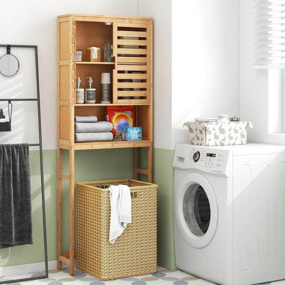 freestanding tall bamboo bathroom shelf with two doors and open storage above toilet - Loft&Timber
