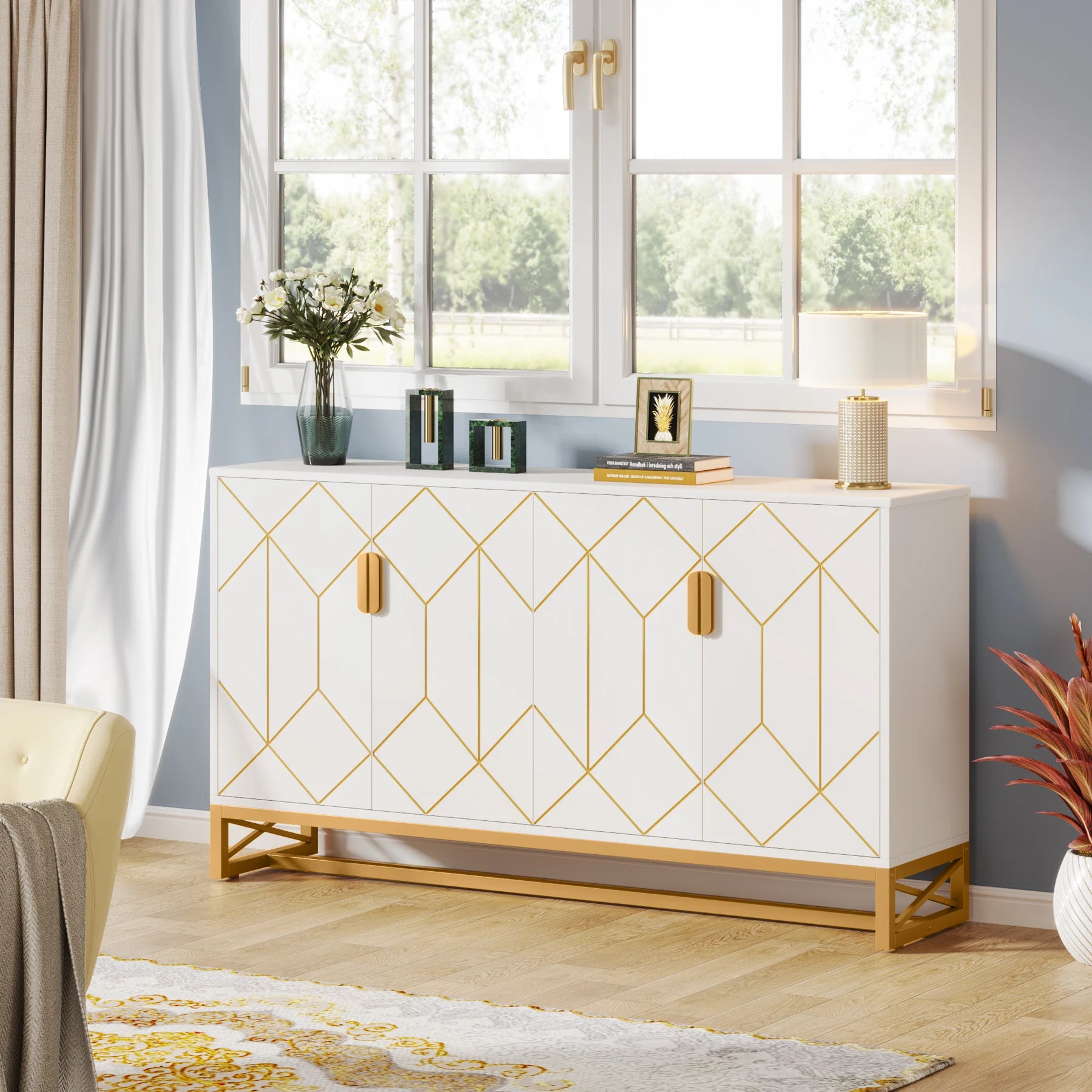 Tribesigns 59" White Gold Buffet Cabinet with Storage - Loft&Timber