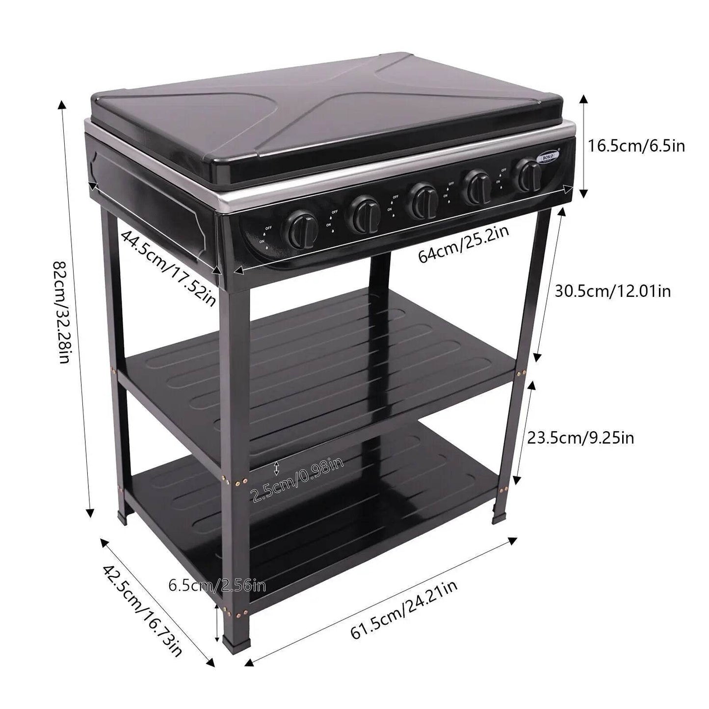 5-Burner Gas Stove Outdoor Camping Cooking BBQ Grill With 2-Tier Storage Rack