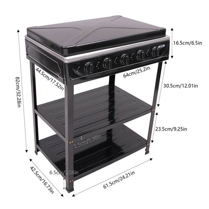 5-Burner Gas Stove Outdoor Camping Cooking BBQ Grill With 2-Tier Storage Rack