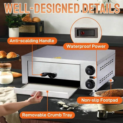 Electric Countertop Pizza Oven, Commercial Indoor Pizza Oven Stainless Steel 1100W with Removable Crumb Tray - Loft&Timber