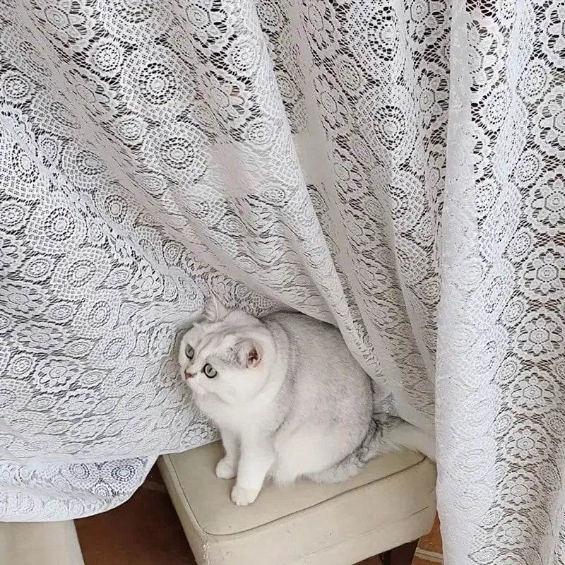 2pcs white lace embroidered mesh knitted sheer curtains in a French retro romantic style - Loft&Timber