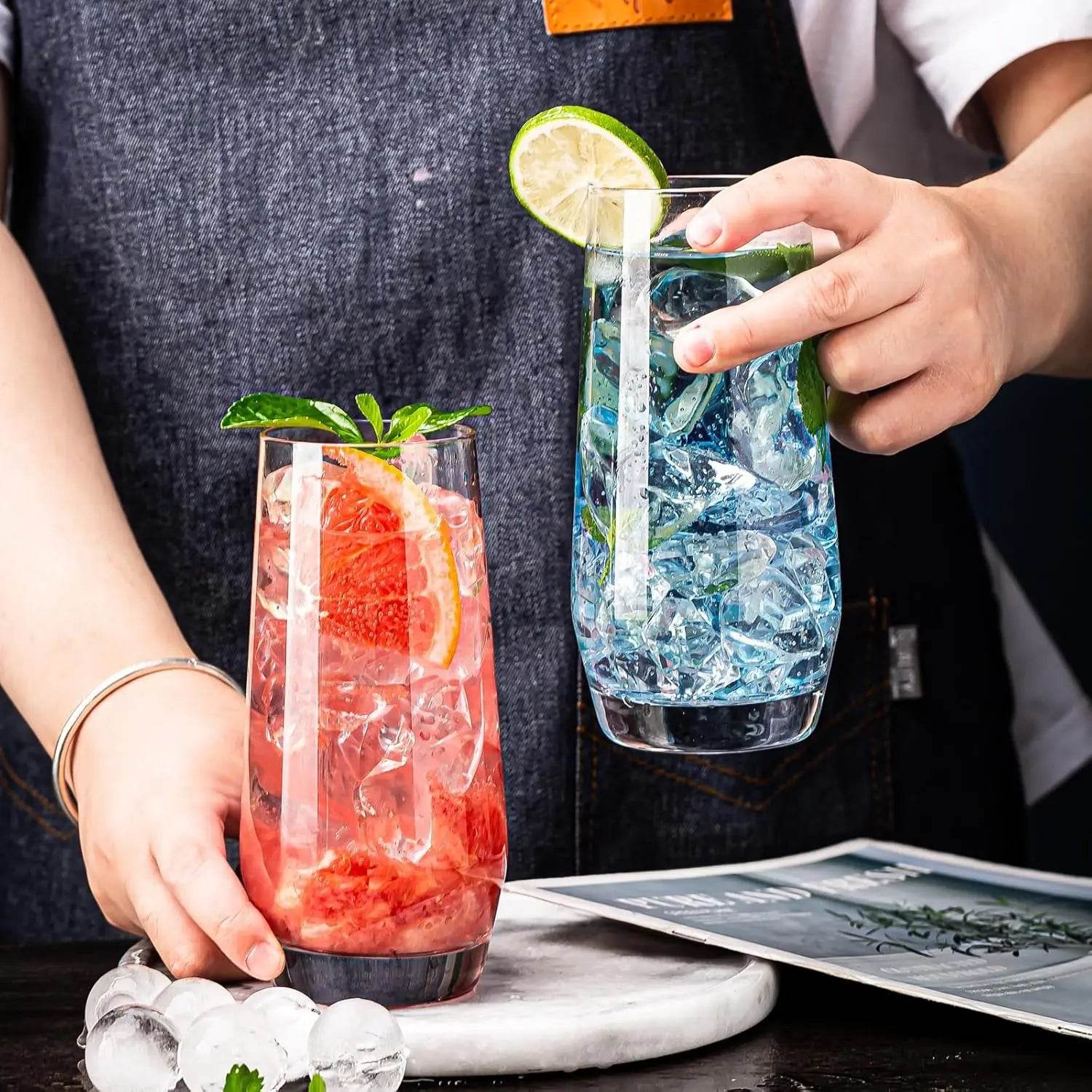 Drinking Glasses, Crystal Highball Glasses Set of 6 with Straws and Bamboo Lids - Loft&Timber