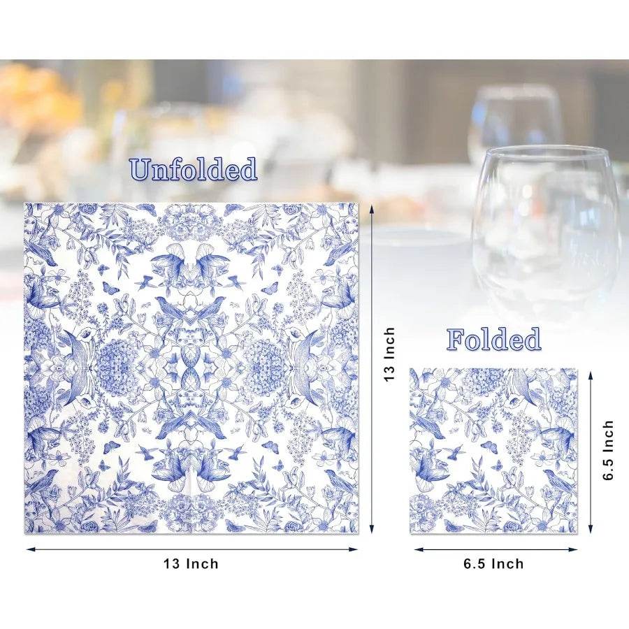 60 Pack Blue Floral Paper napkins Decorative and Disposable - Loft&Timber