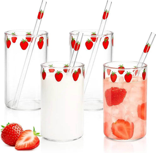 4 Sets Strawberry Cups, 300ML Clear Small Glass Strawberry Drinking Cups with 4 Pieces and Straws - Loft&Timber