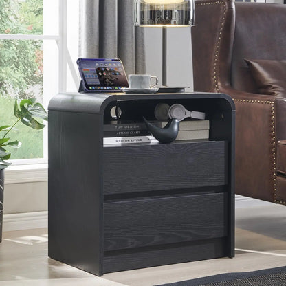 25" Tall Modern Nightstand with Charging Station,23.6'' Wide Wood Bedside Table w/2 Storage Drawers, Large Mid Century End Table