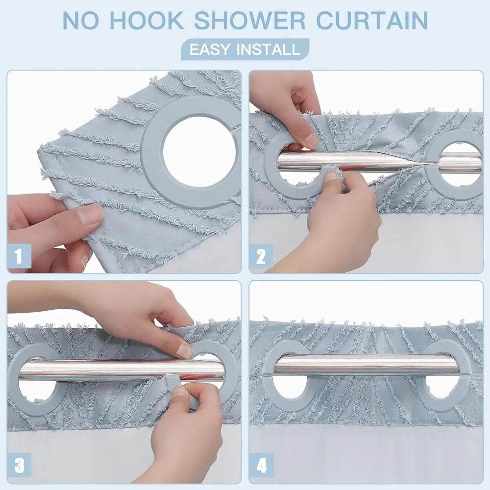 no hook extra long shower curtain set with snap-in liner, 86 inch xl boho blue - Loft&Timber