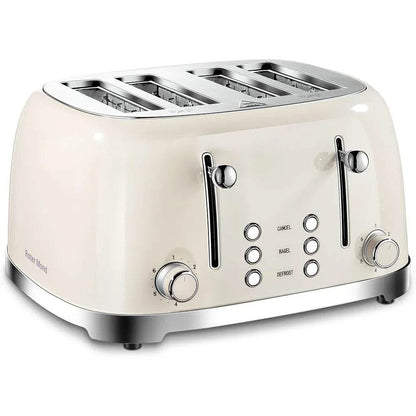 4 Slice Toaster Stainless Steel Retro Design Bagel Defrost Cancel Function 6 Settings Extra Wide Slot Removable Crumb