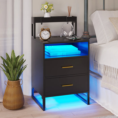 JDPAG  Auto LED Nightstand with Wireless Charging Station & USB Ports,High Gloss Bedside Tables with 2 Drawers
