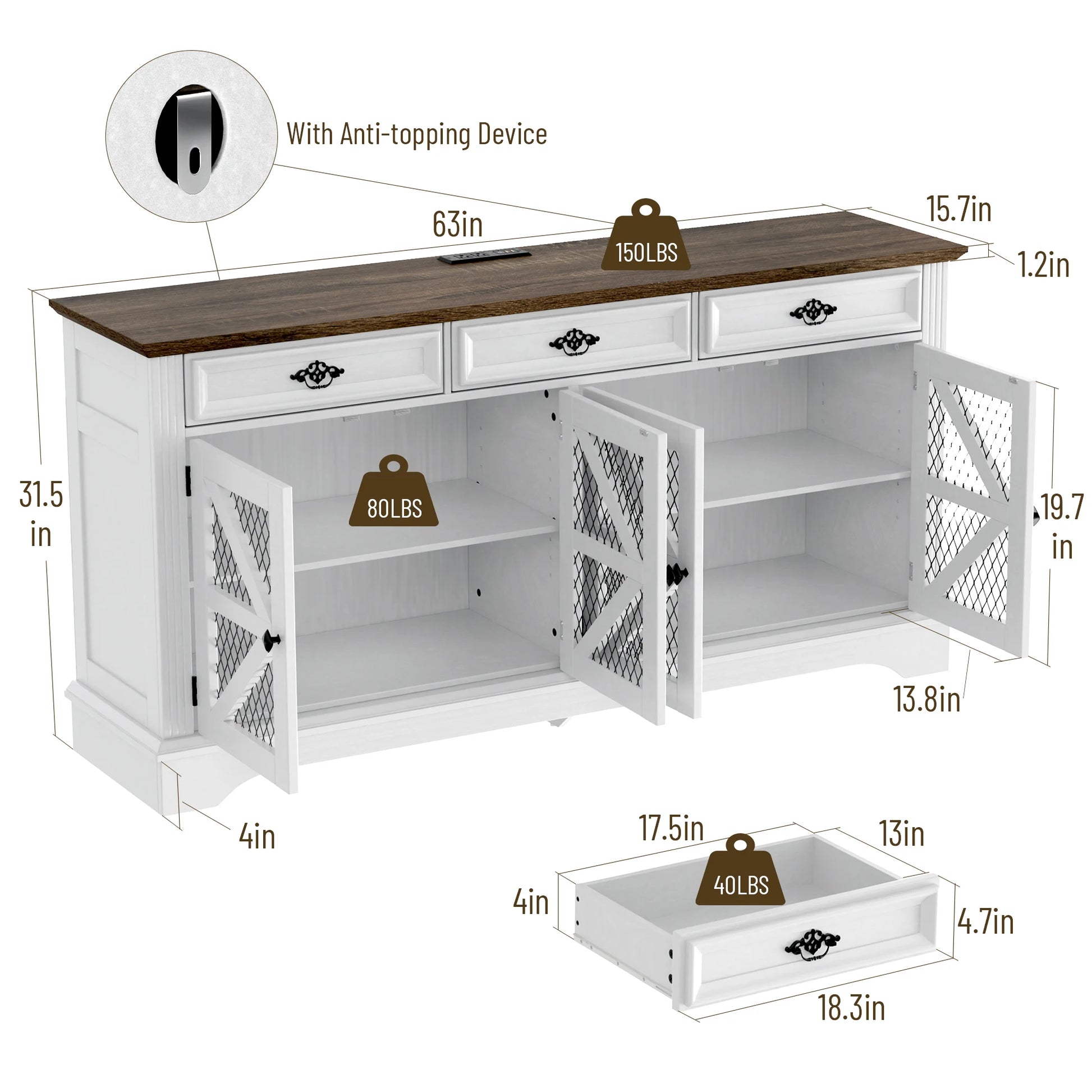 ZBOM 63" Farmhouse Buffet Sideboard Cabinet with 3 Drawers and Charging Station - Loft&Timber