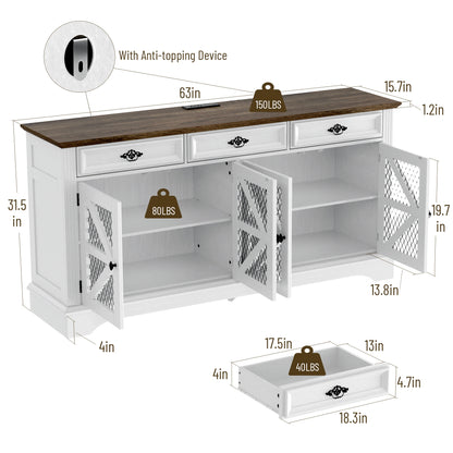 ZBOM 63" Farmhouse Buffet Sideboard Cabinet with 3 Drawers and Charging Station - Loft&Timber