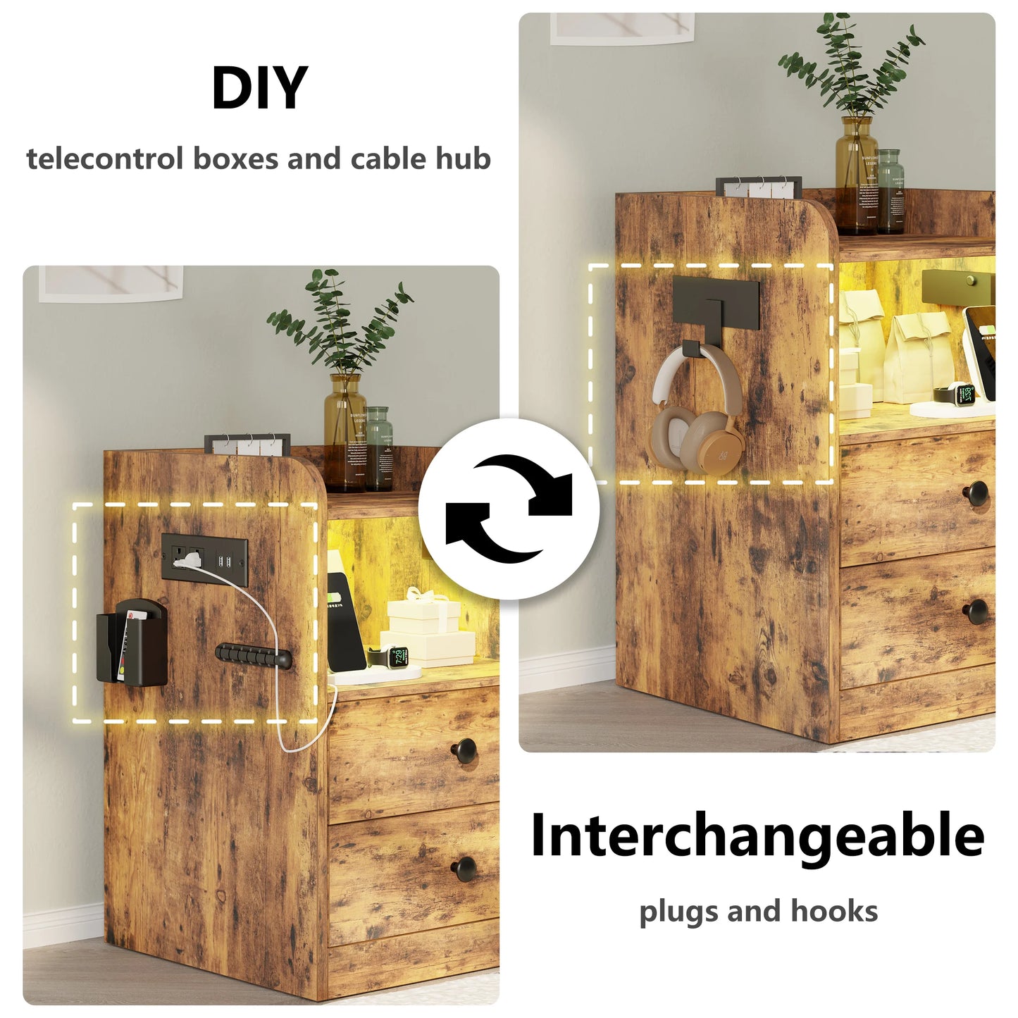 LIKIMIO Nightstand with LED, Charging Station & USB Ports, Night Table with 2 Drawers and Open Shelf, Adjustable Light, Vintage