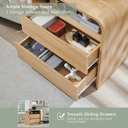 25" Tall Modern Nightstand with Charging Station,23.6'' Wide Wood Bedside Table w/2 Storage Drawers, Large Mid Century End Table