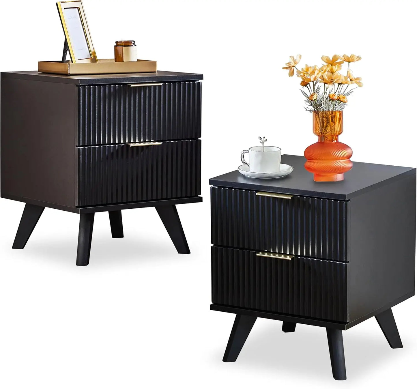 Fluted Nightstands, Mid Century Modern Drawer Dresser for Bedroom, Small Night Stand Side Table End Table with Wood D