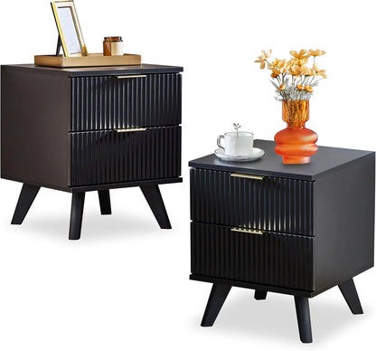 Fluted Nightstands, Mid Century Modern Drawer Dresser for Bedroom, Small Night Stand Side Table End Table with Wood D