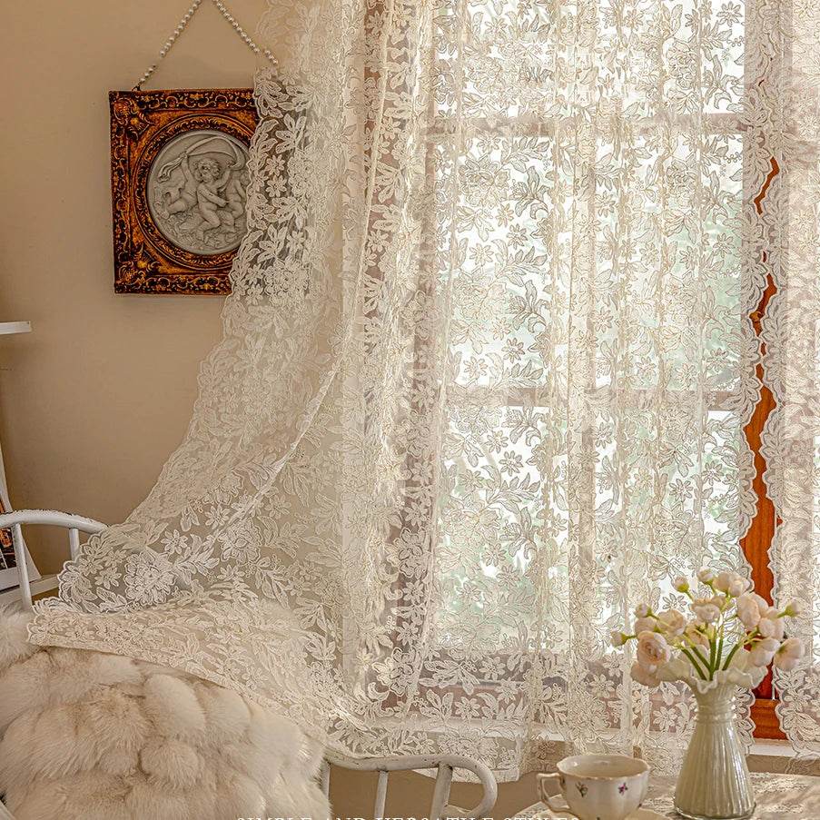 2PC French Vintage Embroidery Lace Beige Sheer Curtains - Loft&Timber