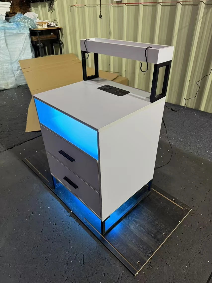 JDPAG  Auto LED Nightstand with Wireless Charging Station & USB Ports,High Gloss Bedside Tables with 2 Drawers