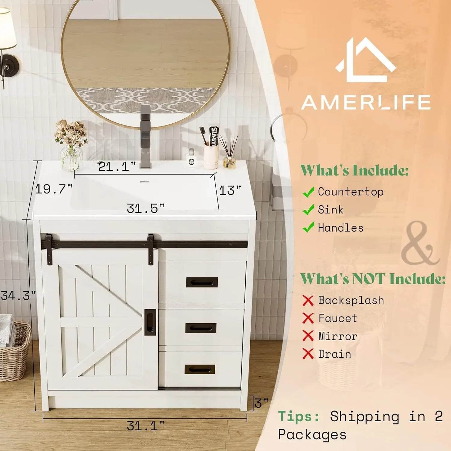 Farmhouse Bathroom Vanity with Sink Combo 31in Sliding Barn Door Bathroom Vanity Cabinet Set with Storage Drawers, Metal Handles - Loft&Timber