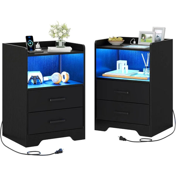 Night Stand Set of 2 with LED Lights and Charging Station, Modern Bedside End Table with 2 Fabric Storage Drawers, Black