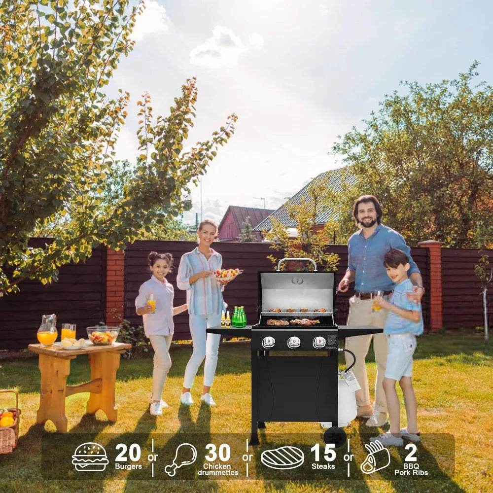 Brand-Man 3-Burner Propane Gas Grill, 27,000 BTU BBQ Grill with Porcelain-Enameled Grates, Built-In Thermometer, Side Shelves, H - Loft&Timber