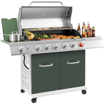 6-Burner BBQ Liquid Propane Gas Grill in Olive Green, with Sear Burner and Side Burner, 74,000 BTU, Cabinet Style Grill - Loft&Timber