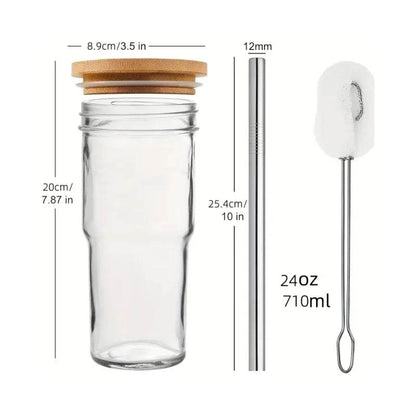 2pcs 24oz Reusable Iced Coffee Cups, Wide Mouth Glass with Bamboo Lid and Straw, Mason Jar - Loft&Timber