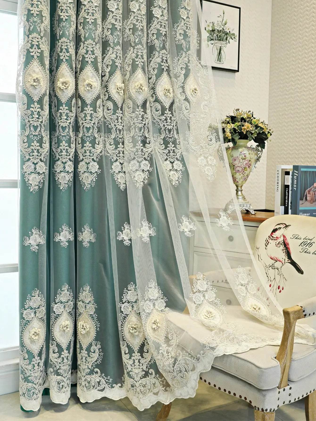 1PC Curtains,Luxury vintage-style embroidered curtains with 3D relief patterns - Loft&Timber
