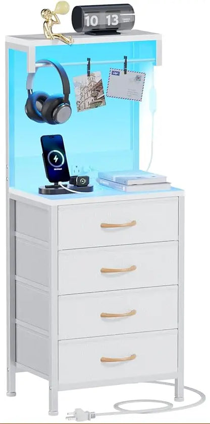 Furnulem Nightstand, White Tall Night Stand with Charging Station and LED Lights, Bedside Table for Bedroom, Office, Hallway, 4