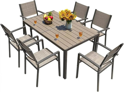 Patio Dining Set 7 Pieces Outdoor Furniture with Large Table and 6 Textilene Chairs - Loft&Timber