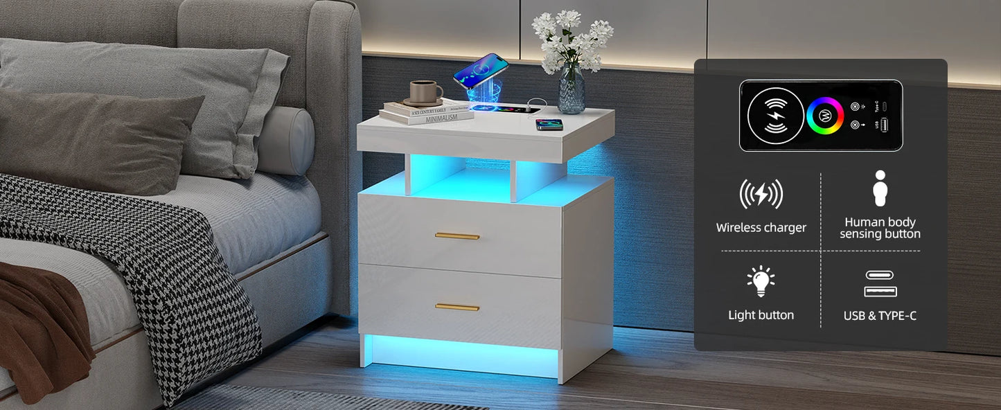 JDPAG LED Nightstand with Wireless Charging Station,Black Night Stand with 2 Drawers,Glass Top Smart Bedside Table