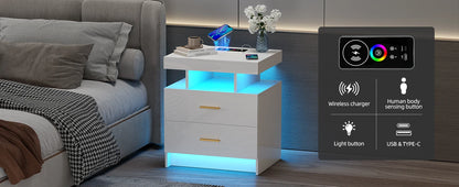 JDPAG LED Nightstand with Wireless Charging Station,Black Night Stand with 2 Drawers,Glass Top Smart Bedside Table