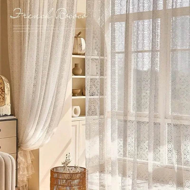 2pcs white lace embroidered mesh knitted sheer curtains in a French retro romantic style - Loft&Timber
