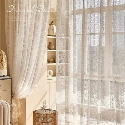 2pcs white lace embroidered mesh knitted sheer curtains in a French retro romantic style - Loft&Timber