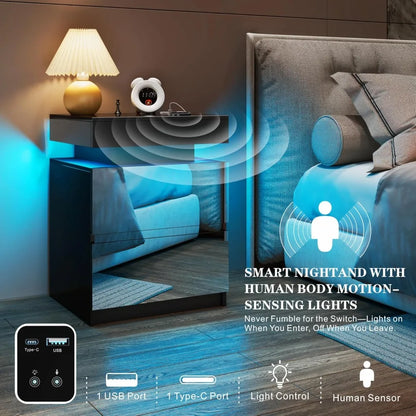 LED Nightstand Set of 2 - Bedside Table with Charging Station and 2 Mirrored Drawers Sliding Top with Magnetic Lock - Modern