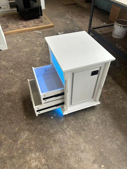 JDPAG Farmhouse Nightstand with Gun Drawer, 20" Vintage Bedside Table with LED Lights & Charging Station