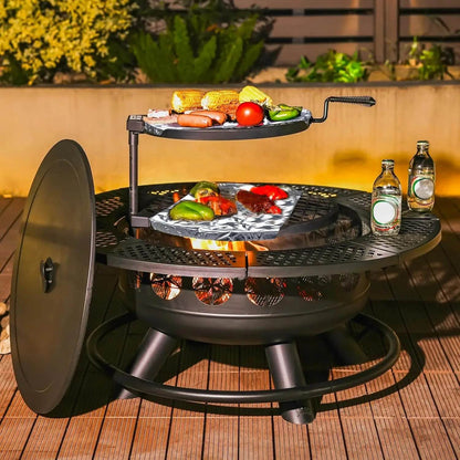 36 Inch Fire Pit with 2 Cooking Grills,Outdoor Wood Burning BBQ Firepit with Lid, 3-in-1 Outdoor Fire Pit - Loft&Timber