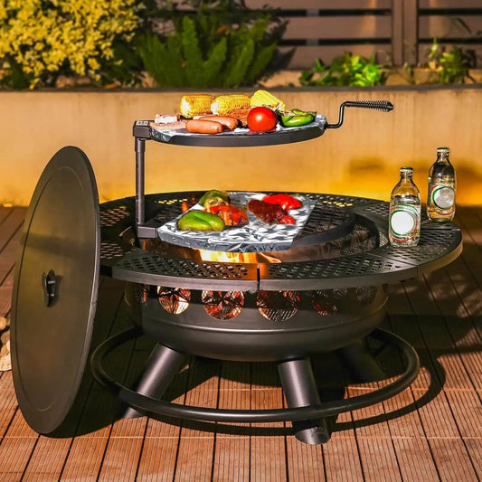36 Inch Fire Pit with 2 Cooking Grills,Outdoor Wood Burning BBQ Firepit with Lid, 3-in-1 Outdoor Fire Pit - Loft&Timber
