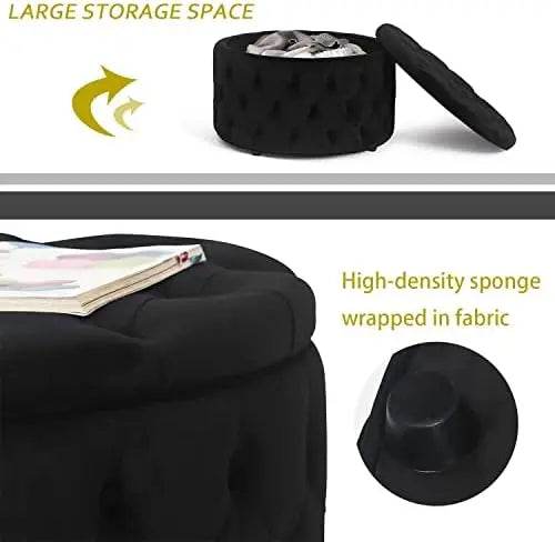 Round Storage Ottoman, Button Tufted, Black