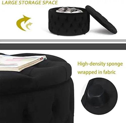Round Storage Ottoman, Button Tufted, Black