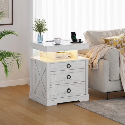 JDPAG Farmhouse Nightstand with Lockable Gun Drawer,3 Color Dimmable LED End Table with Charging Station,Bedside Table with Huma