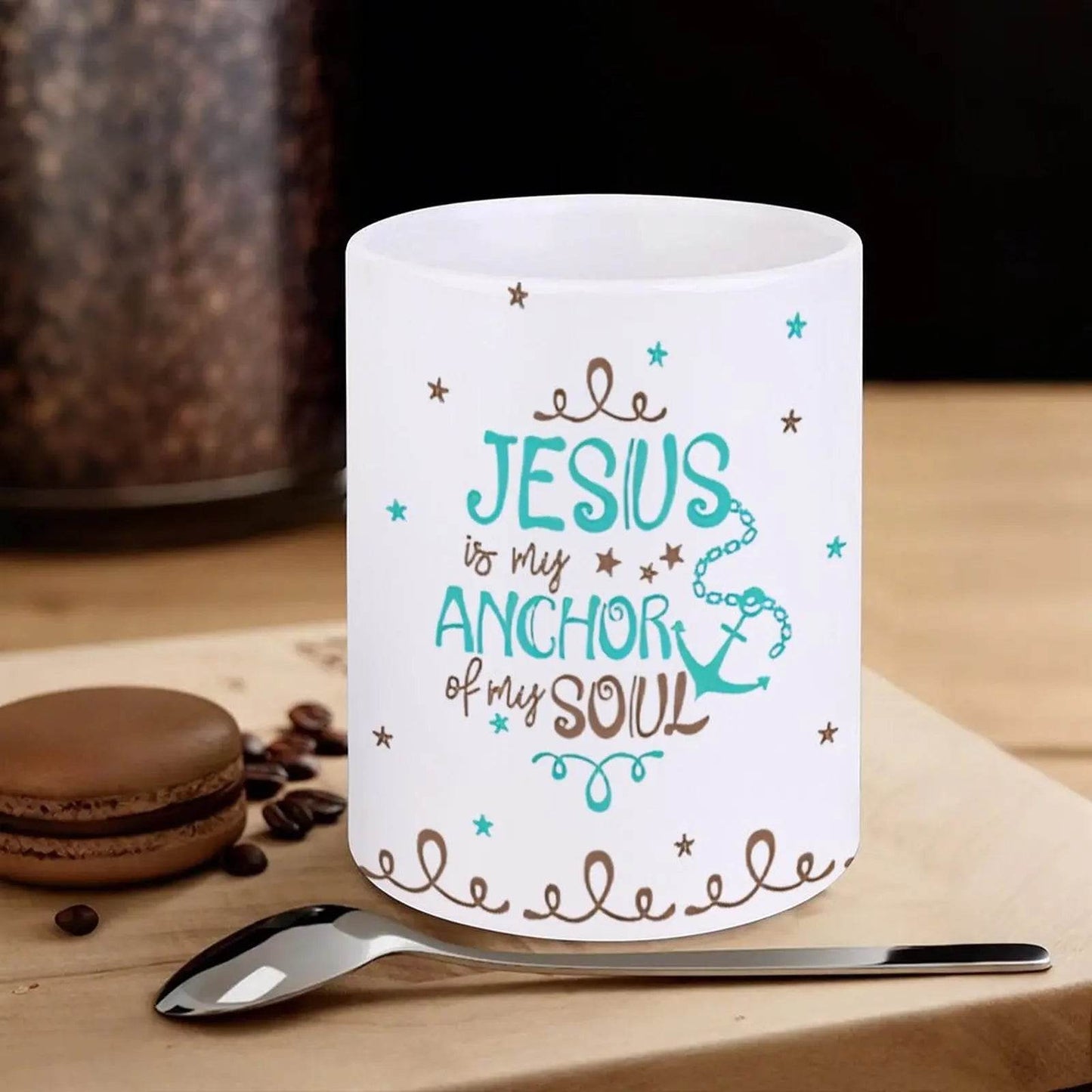 The Word Jesus Surrounded By Butterflies And Leopard Print Ceramic Coffee Mug Bible Verse Cup, 330ml Drinkware - Loft&Timber