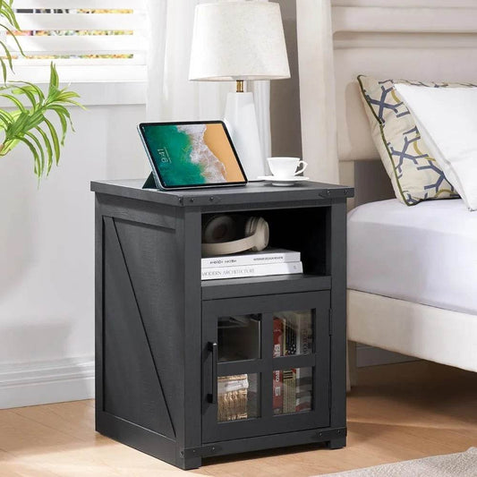 Farmhouse Nightstand with Charging Station, Rustic End Table with Tempered Glass Barn Door