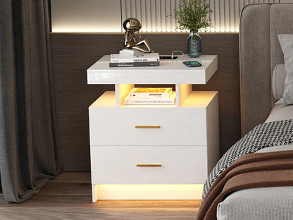 JDPAG LED Nightstand with Wireless Charging Station,Black Night Stand with 2 Drawers,Glass Top Smart Bedside Table