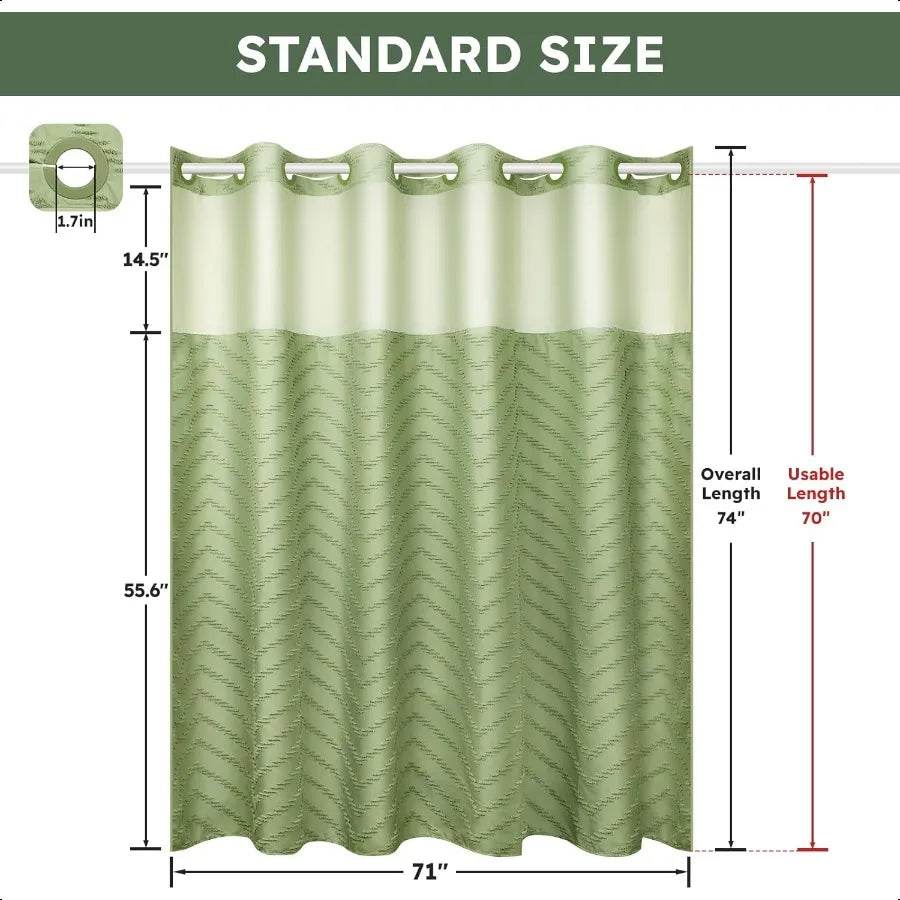 No Hook Shower Curtain and Snap in Liner Set Sage Green Tufted Chevron