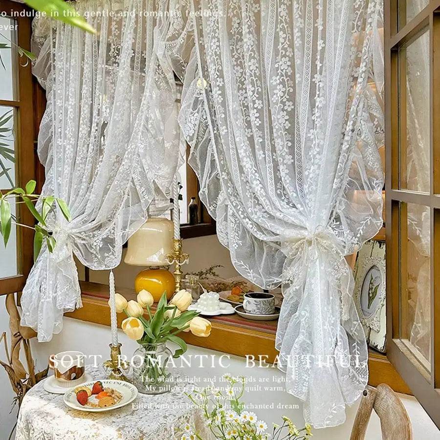 2PC White Embroidered Lace Curtain - Loft&Timber