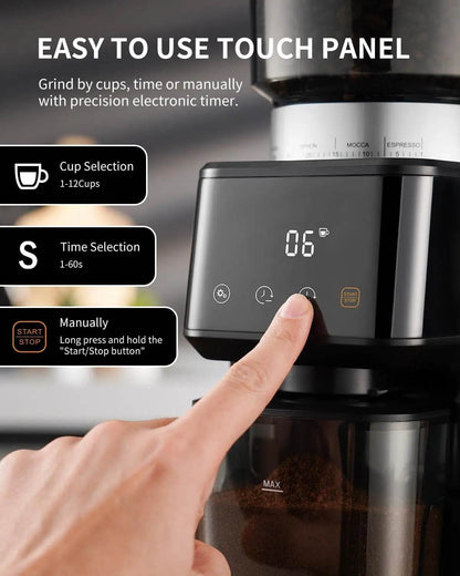 Conical Burr Espresso Coffee Grinder Electric with Precision Timer 2.0,Touchscreen Adjustable Burr Mill with 51 Precise Settings - Loft&Timber