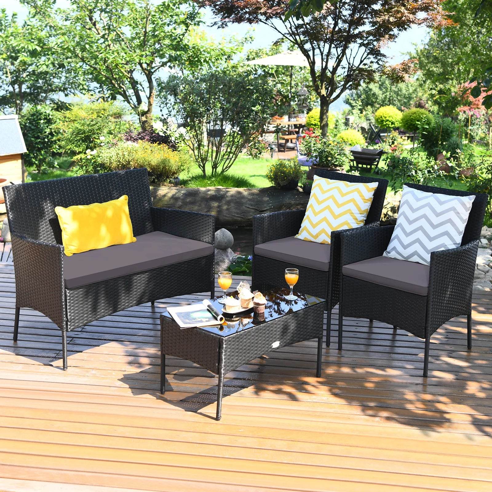 4PCS Patio Rattan Furniture Set Cushioned Sofa Coffee Table Backyard Grey - Loft&Timber