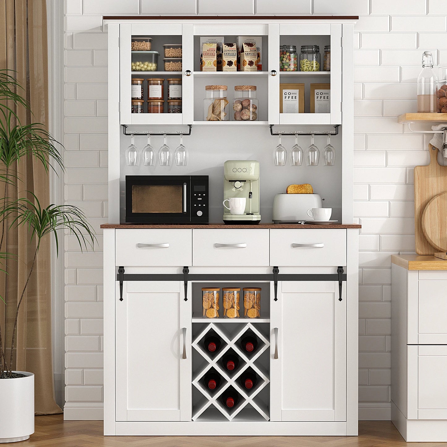 VOWNER 72" Tall Farmhouse Bar Cabinet with Sliding Barn Doors, Kitchen Pantry Storage Cabinet with Wine & Glass Racks - Loft&Timber