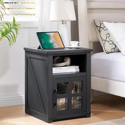 Farmhouse Nightstand with Charging Station, Rustic End Table with Tempered Glass Barn Door, Wood Sofa Side Bedside Table with Op
