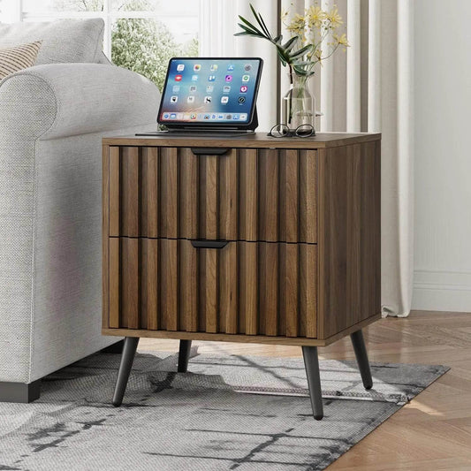 Walnut Wooden Night Stand, Mid Century Nightstand with 2 Fluted Drawers